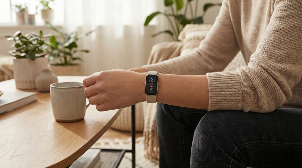 A person wearing a modern fitness tracker on their wrist displaying steps and heart rate while holding a cup in a cozy, natural-lit living room.