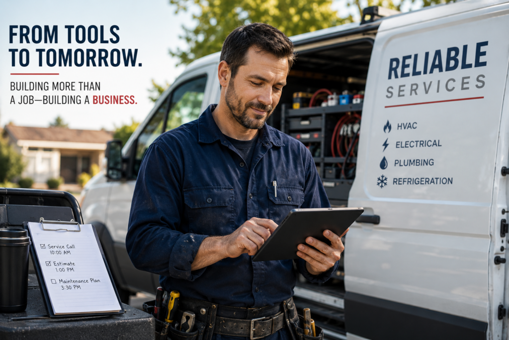 Independent technician managing a growing service business from a tablet